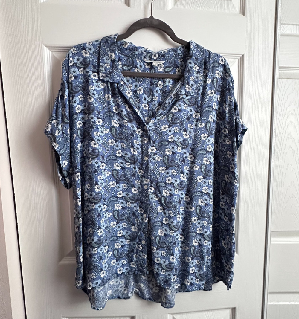 Lucky Brand Blue Floral Paisley Short Sleeve Button Up Camp Shirt Womens XL